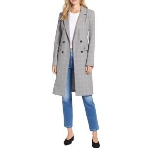 Halogen Double Breasted Coat Topper Jacket Women Size 12 Petite Glen Plaid Gray